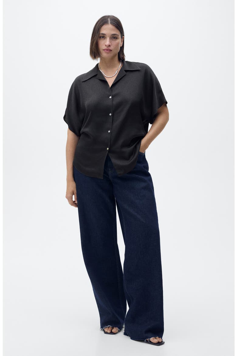 Short Sleeve Satin Button-Up Shirt, Alternate, color, BLACK