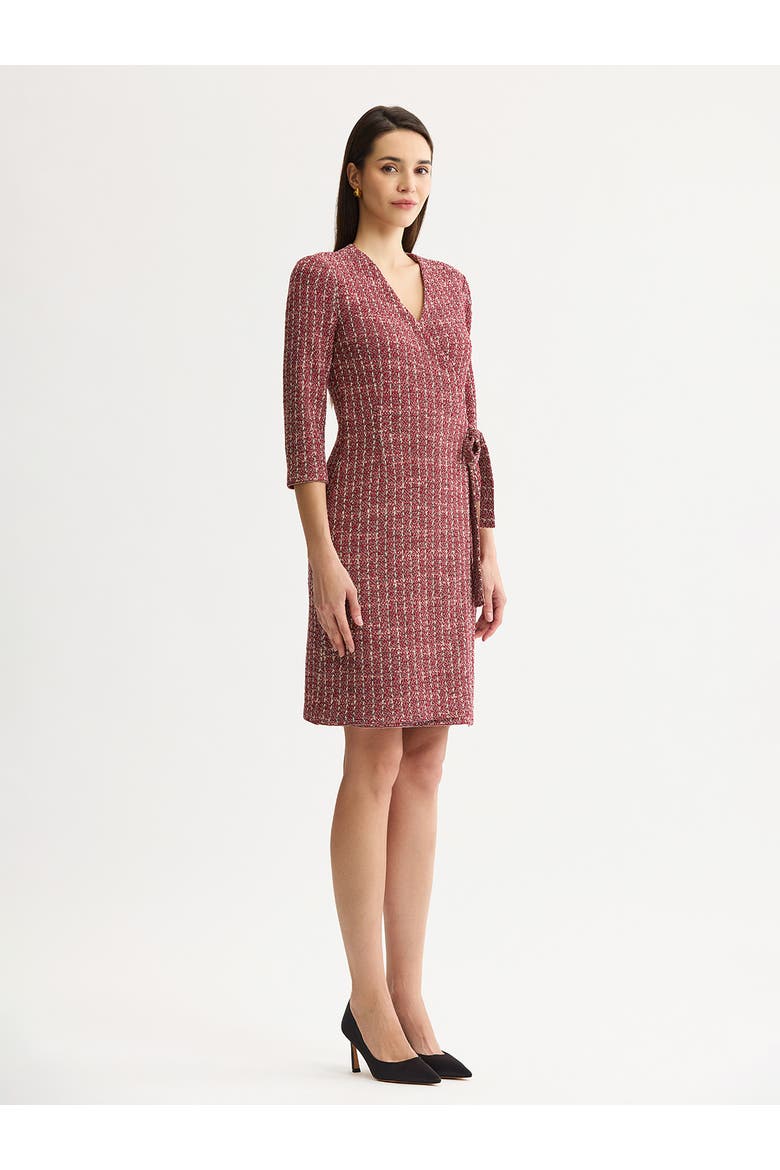 Tweed Jacquard Knit Wrap Dress, Alternate, color, Scarlet Red/Mahogany/Charmeuse
