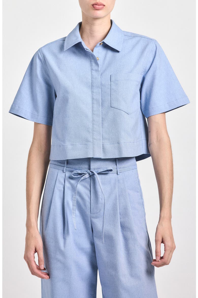 Lira Short Sleeve Crop Button-Up Shirt, Main, color, CLOUD BLUE