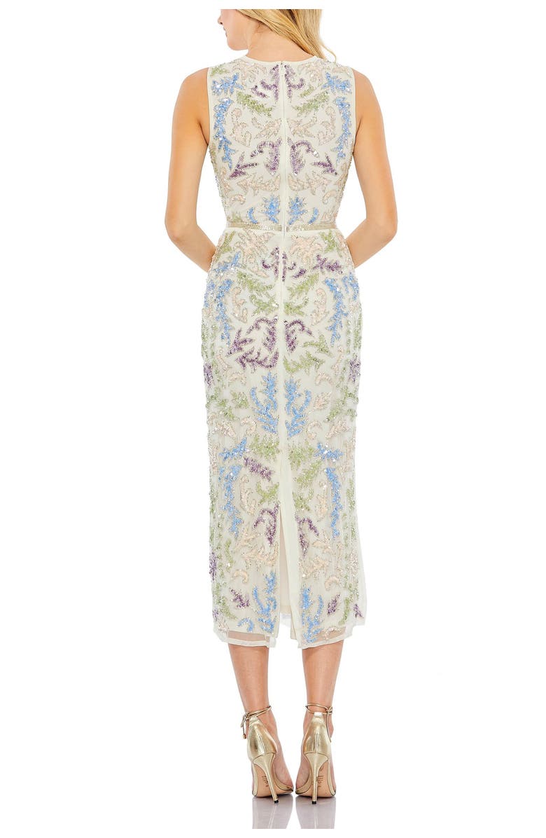 Mac Duggal Sleeveless Sequined High Neck Tea Length Dress, Alternate, color, Ivory Multi