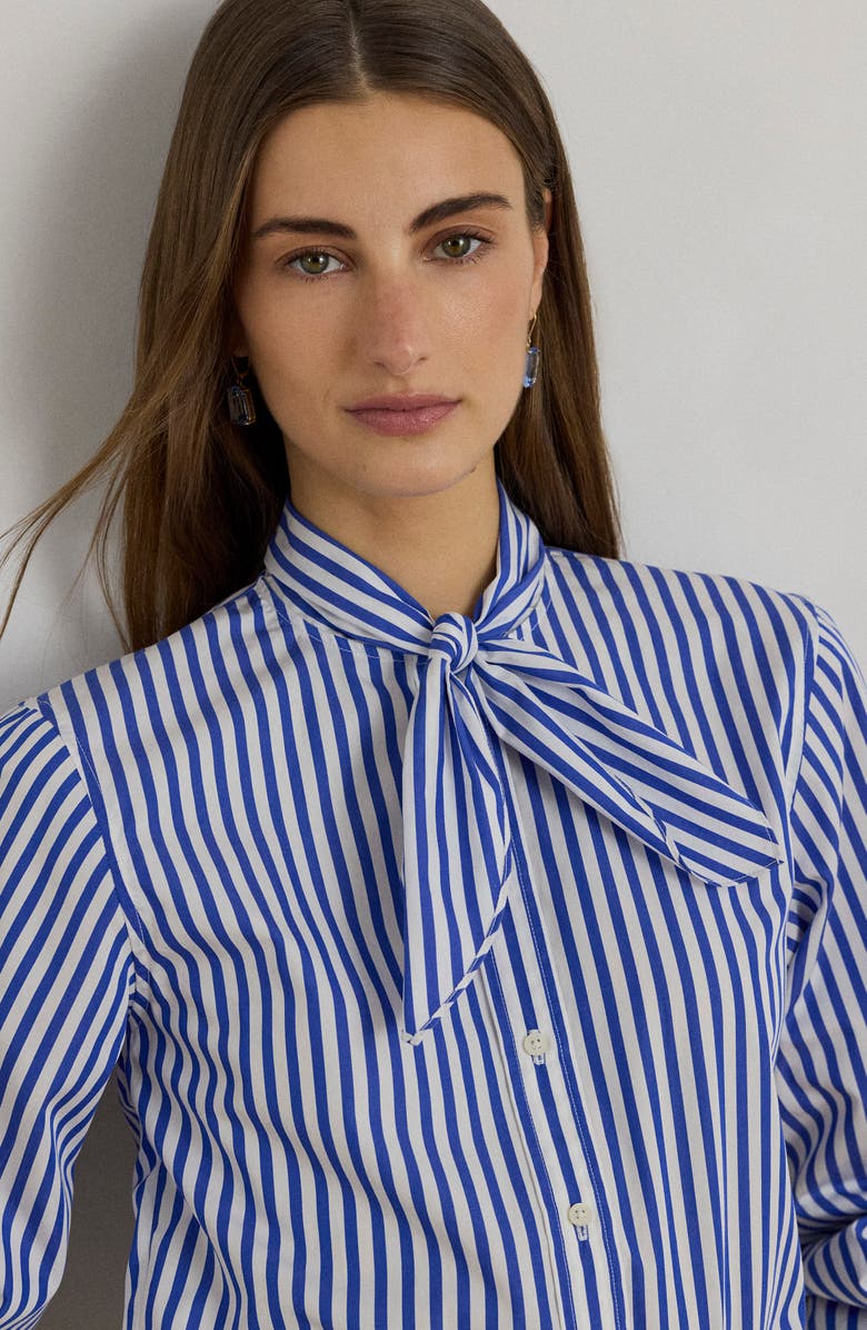 Lauren Ralph Lauren Stripe Tie Neck Cotton Broadcloth Button-Up Shirt, Alternate, color, Blue/ White