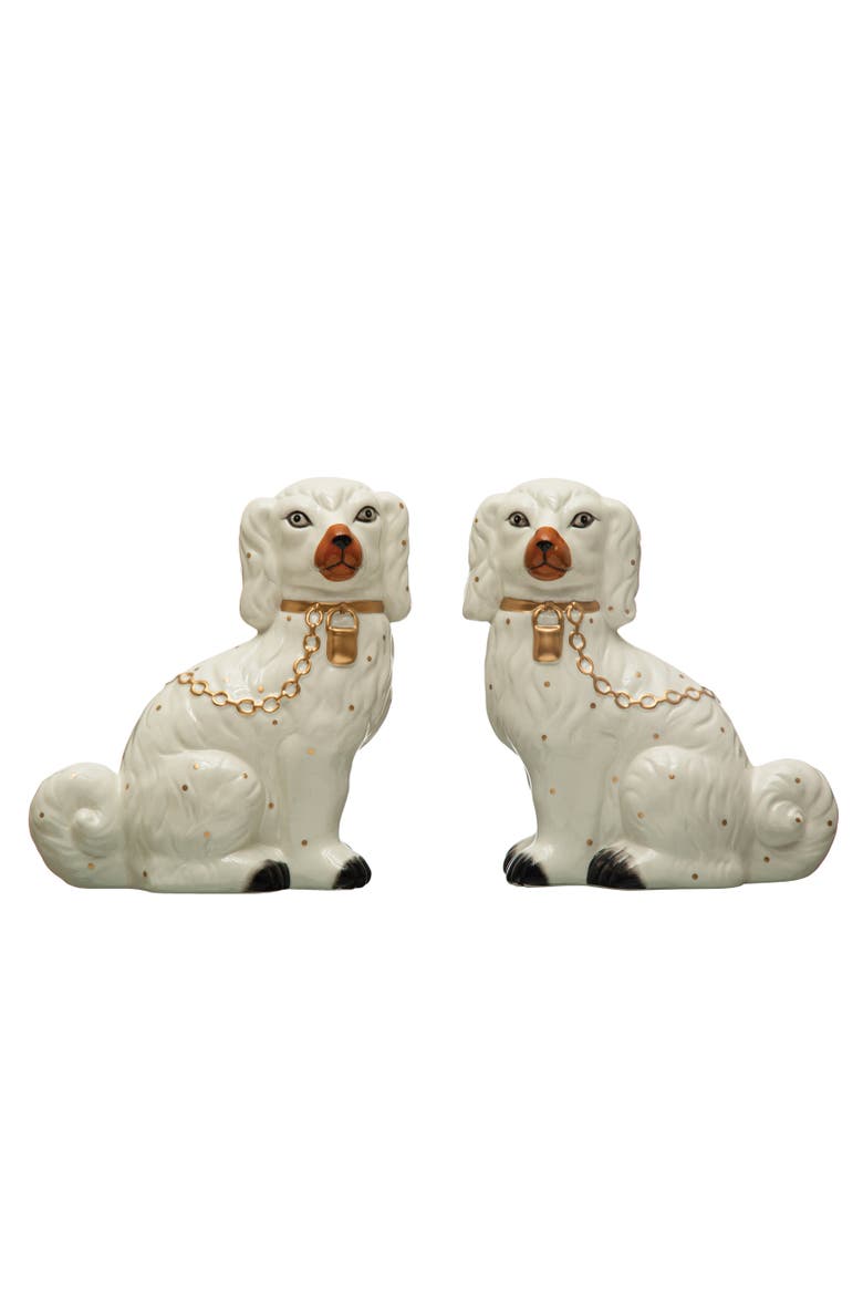 Decorative Staffordshire Dog with Collar and Leash, Set of 2, Multicolor, Main, color, Ivory