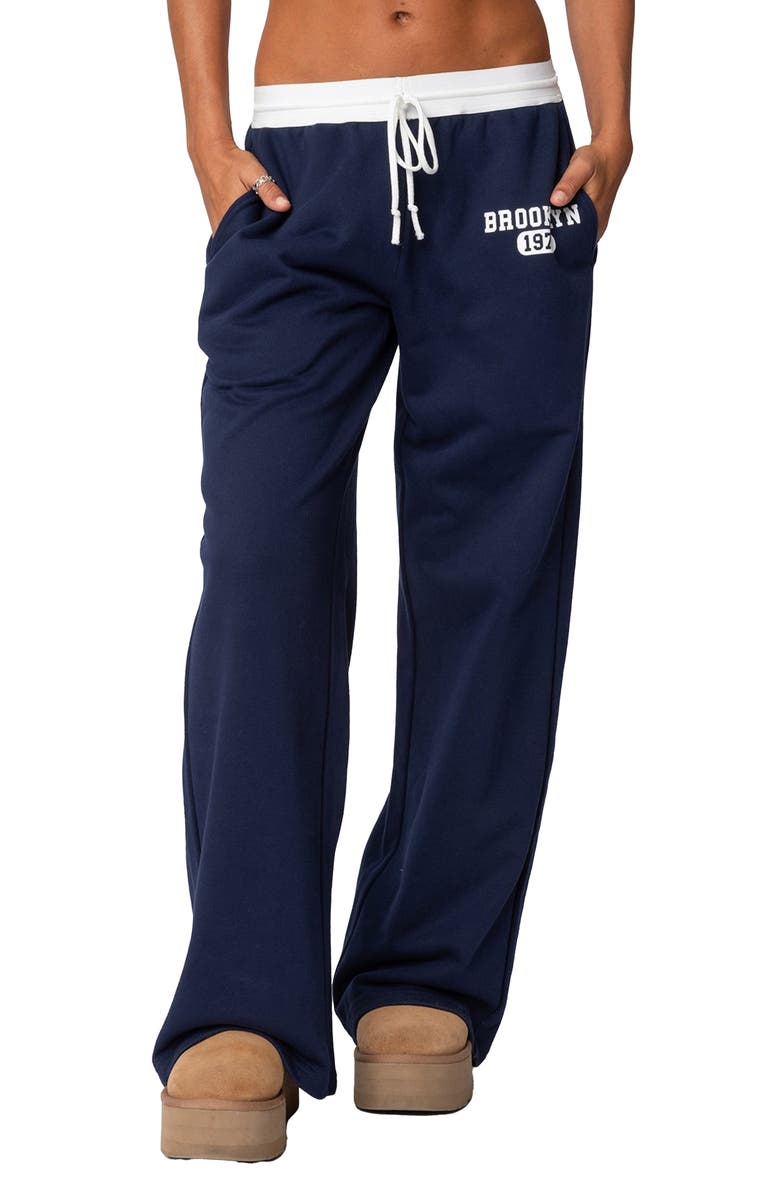 EDIKTED Brookie Cotton Graphic Sweatpants, Main, color, Navy