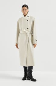 Brunello Cucinelli Hand-crafted coat in cashmere beaver double cloth with belt and monili