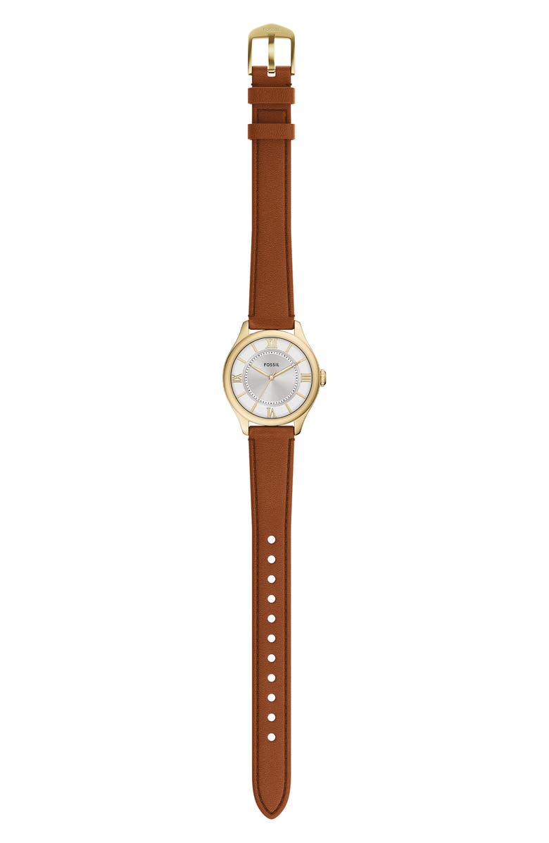 Fossil Gilmore Leather Strap Watch, 28mm, Alternate, color, White/ Brown/ Gold