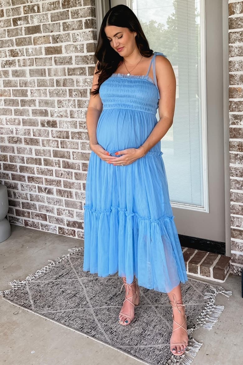 Smocked Mesh Midi Dress, Alternate, color, Light Blue