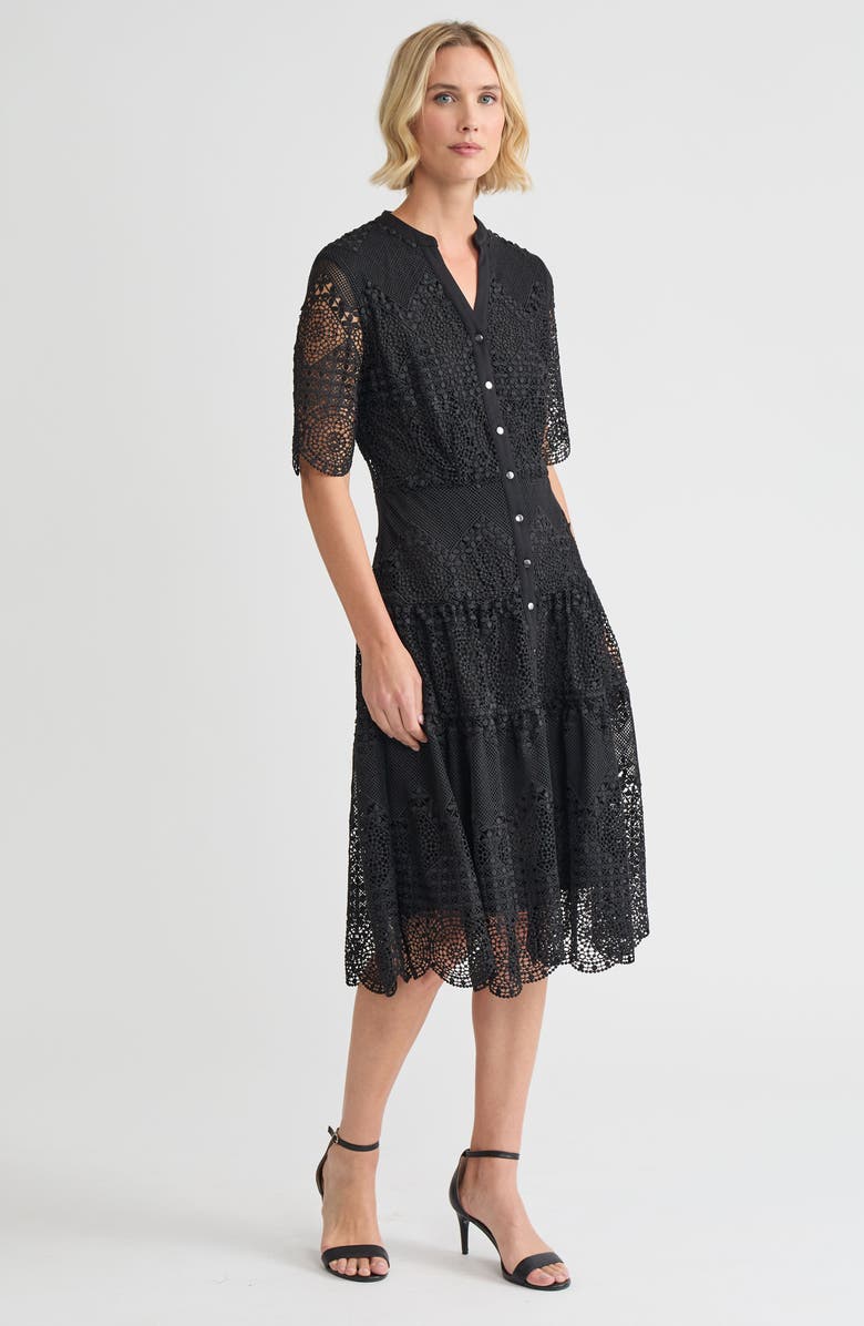 Misook A-Line Tiered Laced Woven Midi Dress, Alternate, color, Black