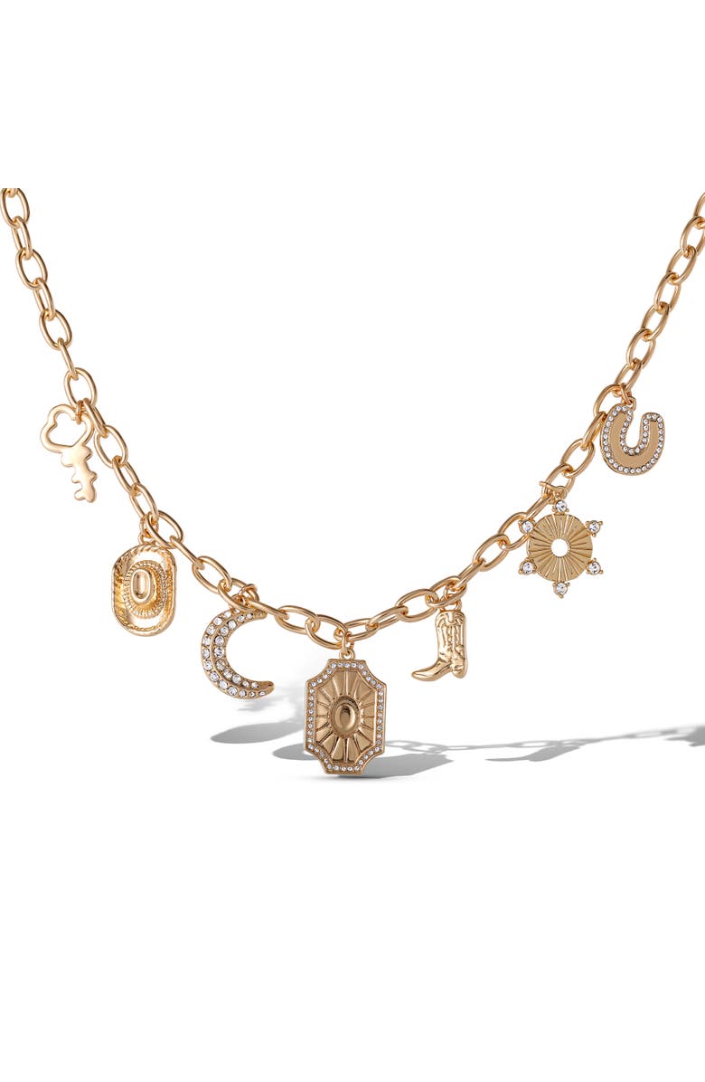 Jessica Simpson Starburst Charm Necklace, Main, color, Gold