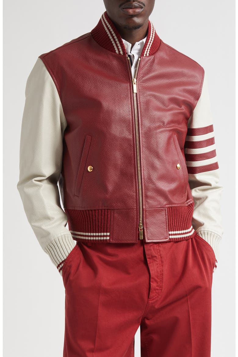 4-Bar Leather Varsity Jacket, Main, color, BURGUNDY
