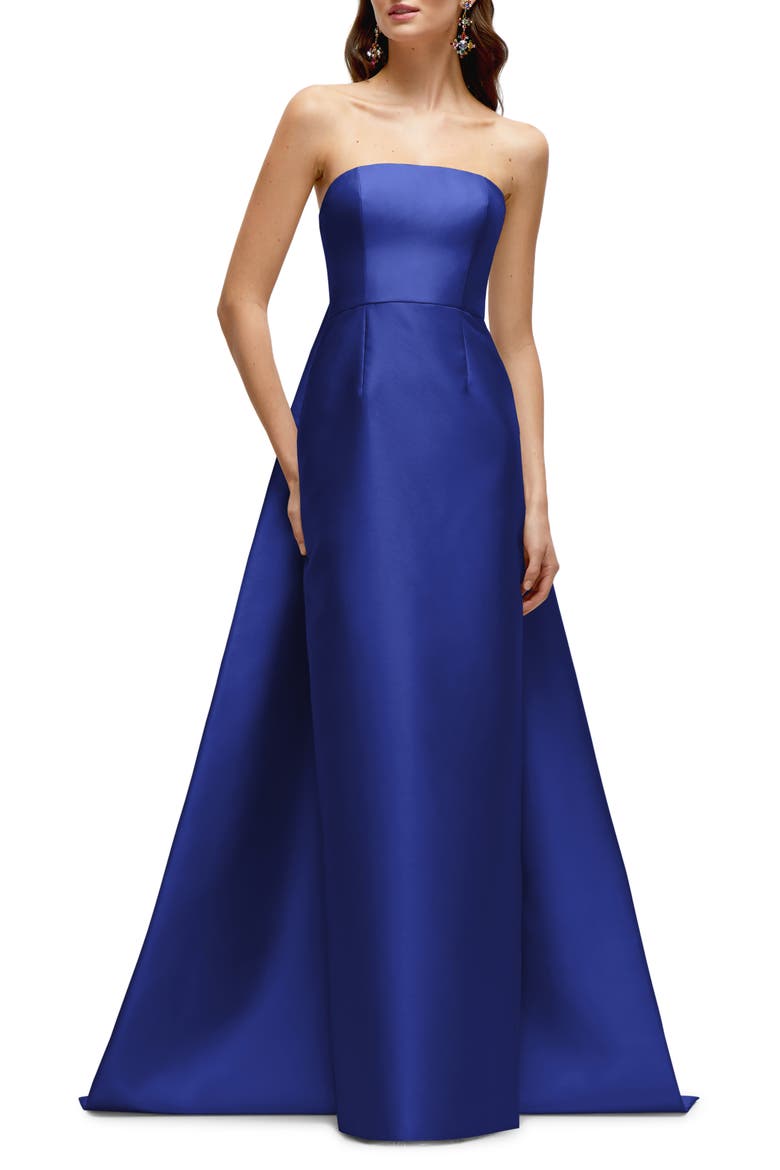 Strapless Satin Twill Column Gown with Removable Train, Main, color, COBALT BLUE