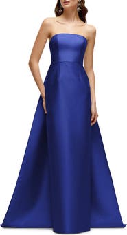 Alfred Sung Strapless Satin Twill Column Gown with Removable Train
