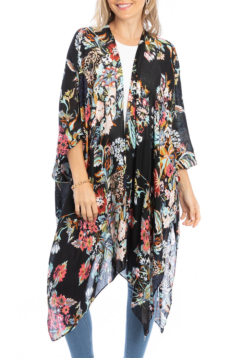 Lasdon Floral Print Ruana, Main, color, BLACK