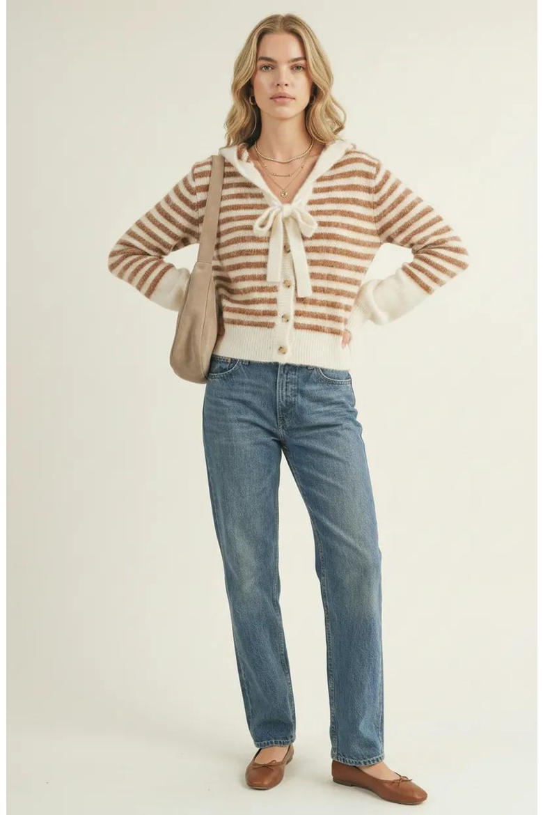 Striped Button-Up Cardigan Hoodie with Ribbon Tie and Ribbed Hem, Alternate, color, Ivory / Brown Stripes