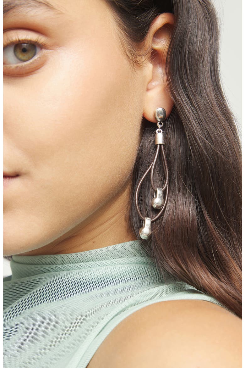 Double Long Leather Earrings with Sterling silver-plated Dial Detail, Alternate, color, Silver