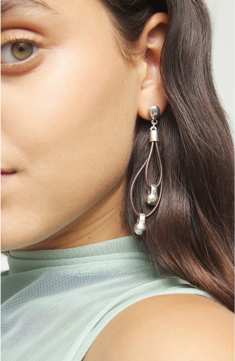 UNODE50 Double long leather earrings with sterling silver-plated dial detail, Alternate, color, Silver