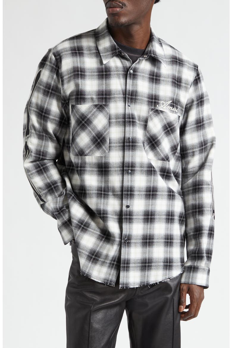 Bones Appliqué Flannel Overshirt, Main, color, BLACK