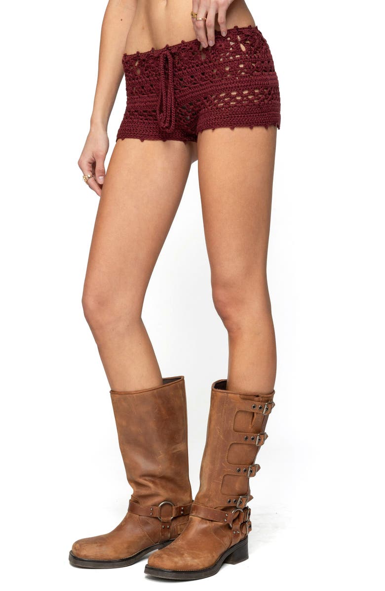 EDIKTED Kelani Crochet Shorts, Alternate, color, Burgundy