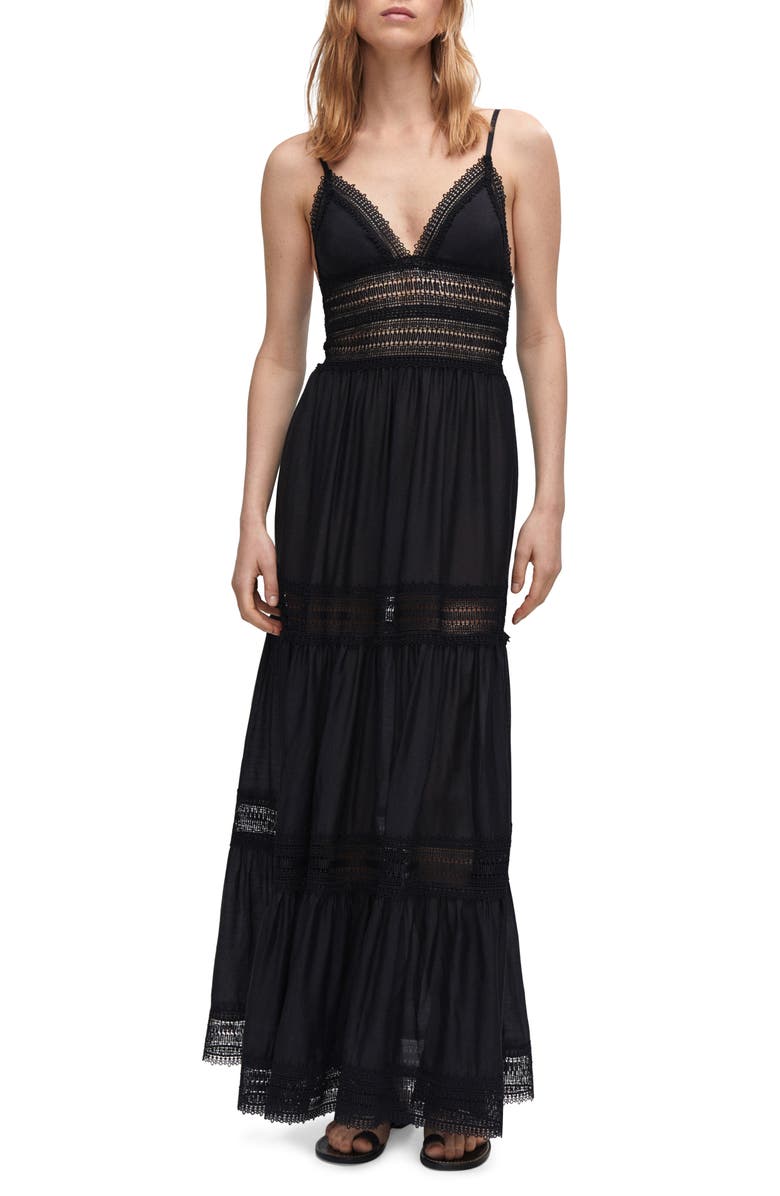 MANGO Lace Panel Maxi Dress, Main, color, Black