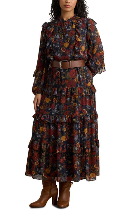 Floral Tiered Long Sleeve Crinkled Georgette Dress (Plus)