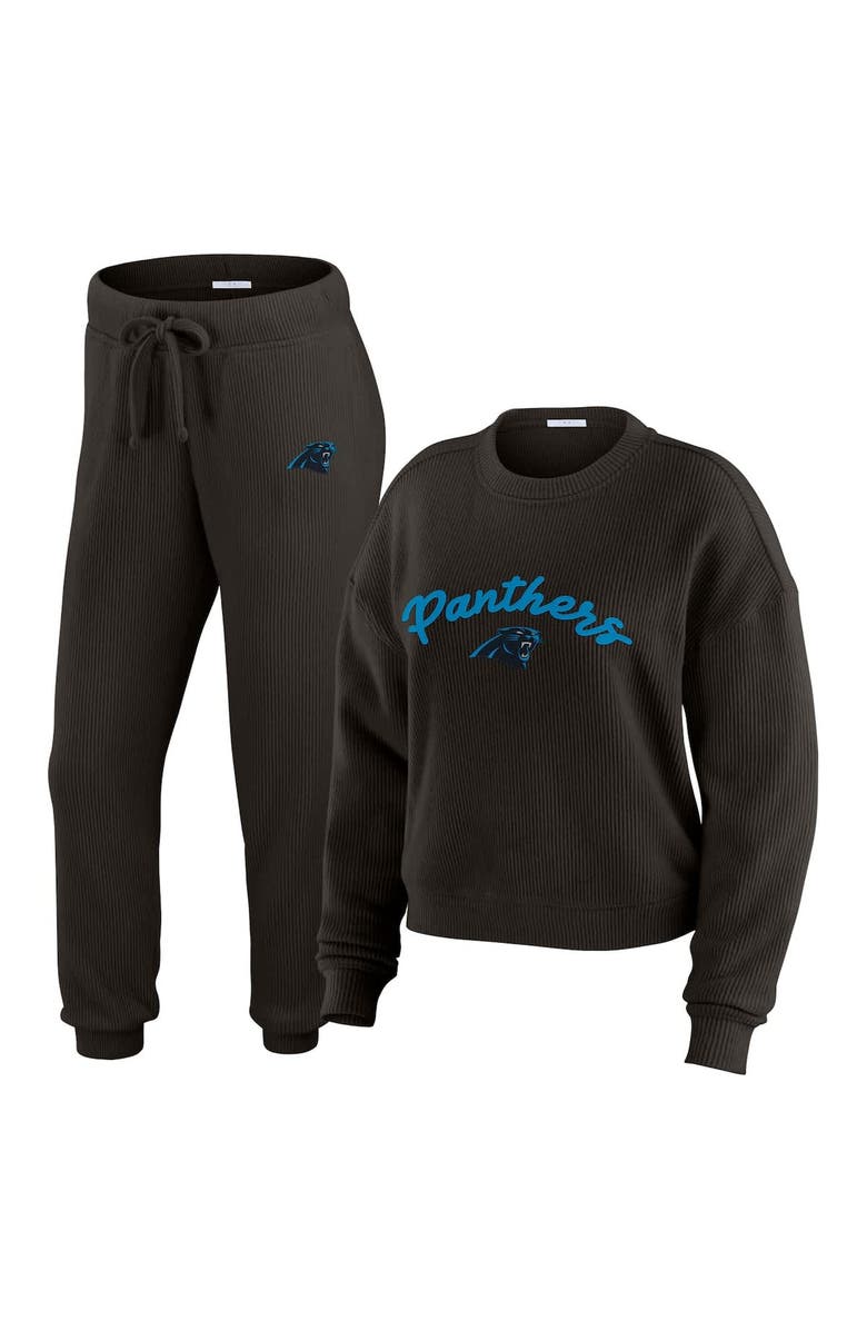 WEAR by Erin Andrews Women's WEAR by Erin Andrews Cream Carolina Panthers Knitted Tri-Blend Long Sleeve T-Shirt & Pants Lounge Set, Alternate, color, Black