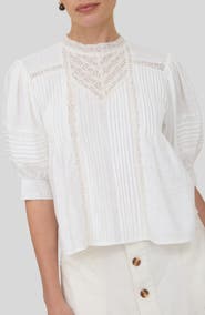 ZOE AND CLAIRE Lace Trim Puff Sleeve Top