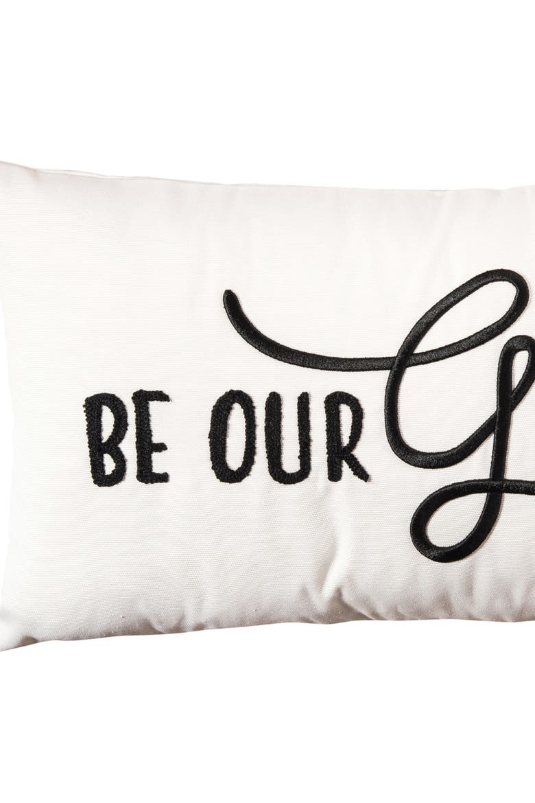 Decorative "Be Our Guest" Cursive Script Embroidered Accent Pillow, 12" x 24" w/ Black Tassels, Alternate, color, White