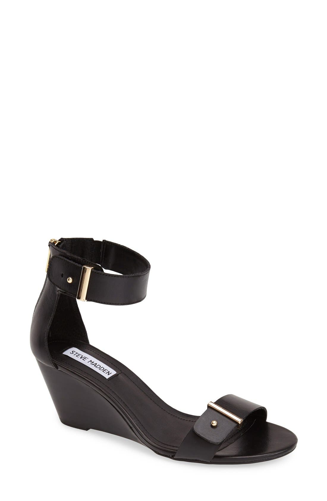 'Narissaa' Ankle Strap Wedge Sandal, Main, color, BLACK LEATHER