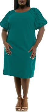 Nina Leonard Pleat Puff Sleeve Midi Dress