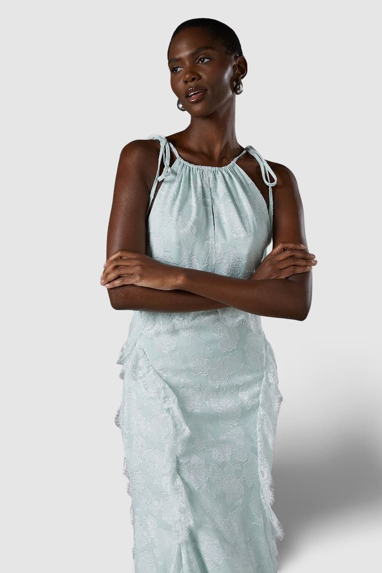 Jacquard Halter Neck Frill Maxi Dress, Alternate, color, Mint