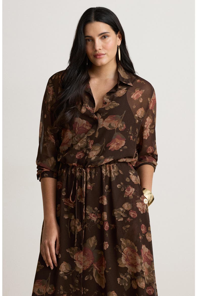 Floral Chiffon Long Sleeve Shirtdress, Alternate, color, BROWN