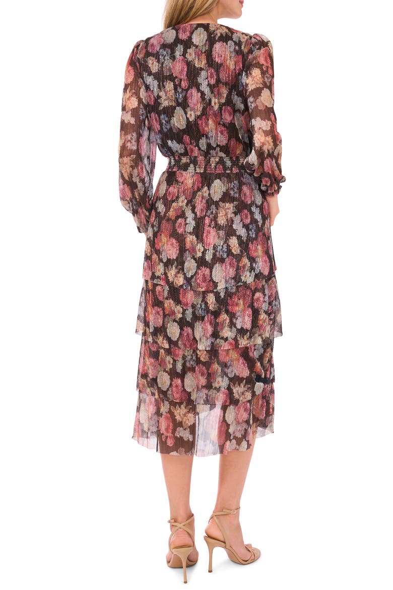 Metallic Floral Long Sleeve Plissé Midi Dress, Alternate, color, RICH BLACK