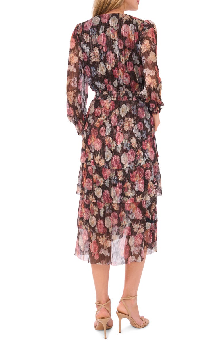 Vince Camuto Metallic Floral Long Sleeve Plissé Midi Dress, Alternate, color, Rich Black