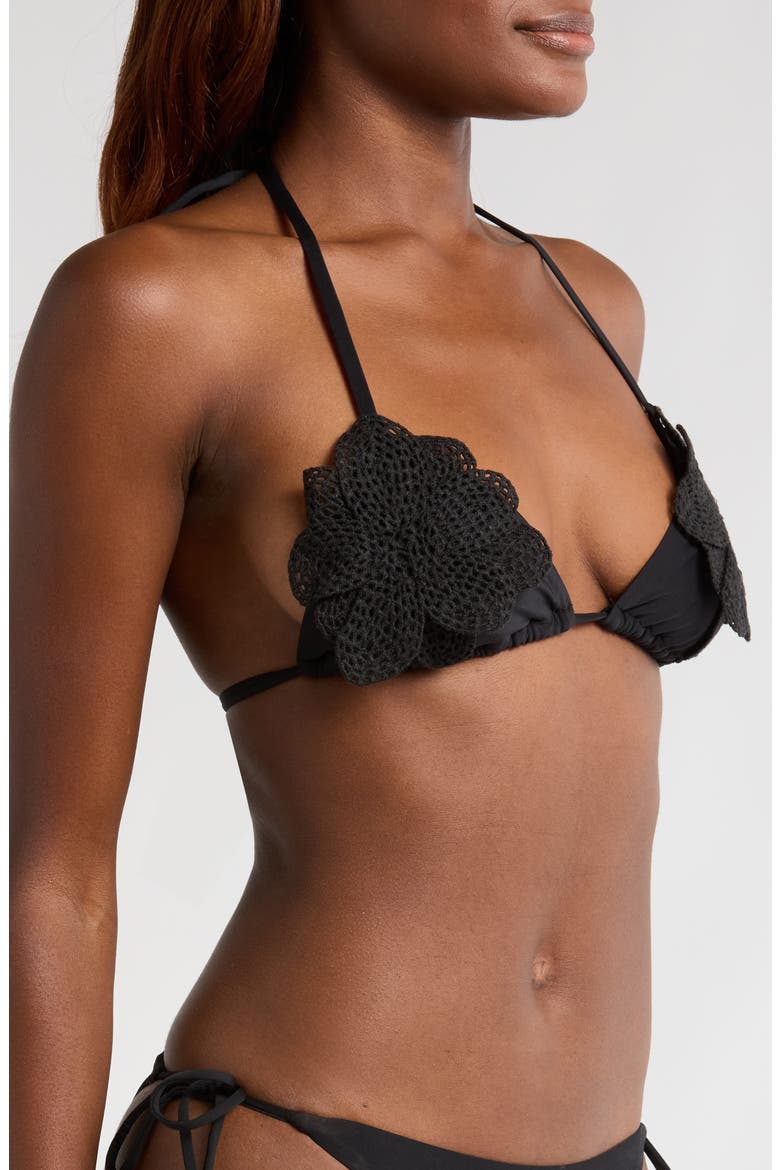 Fleur Triangle String Bikini Top, Alternate, color, JET BLACK