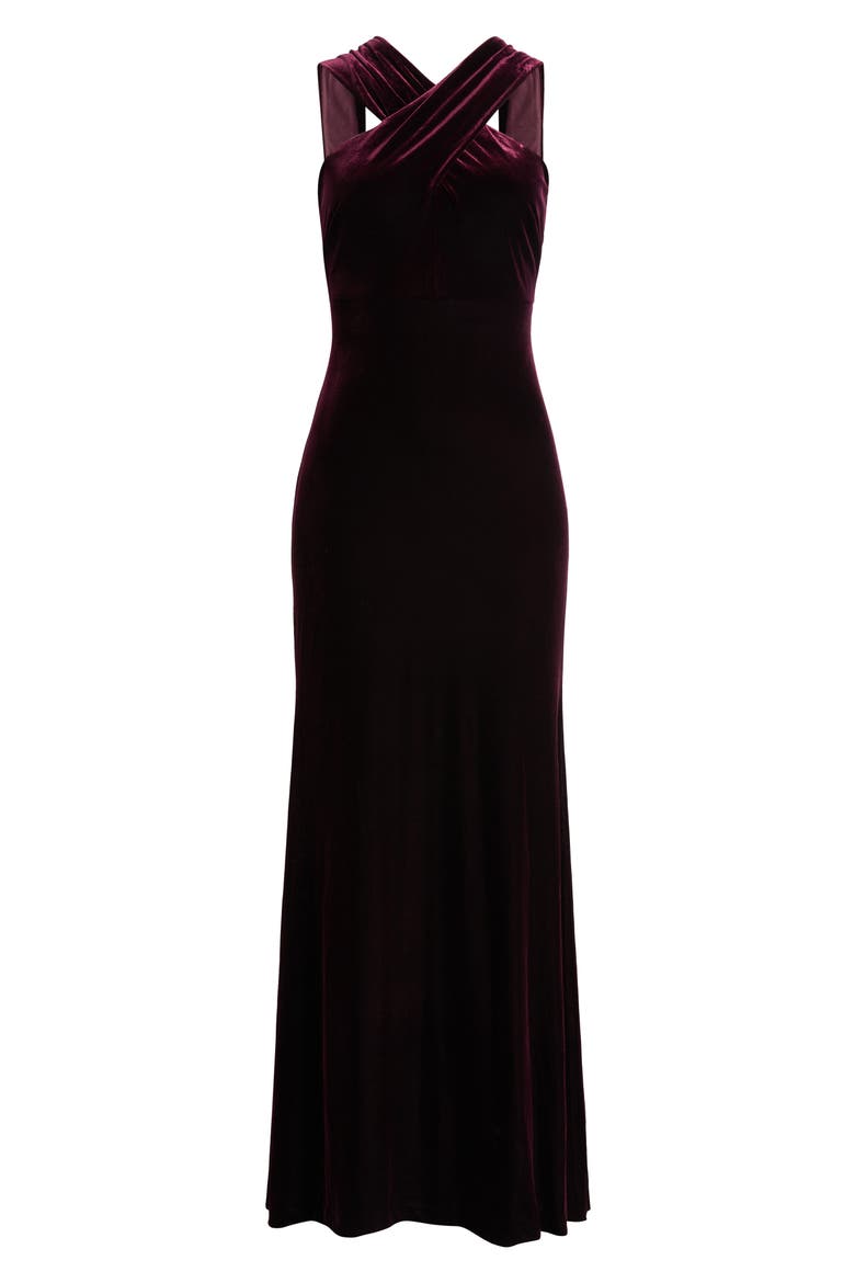 Cross Neck Velvet Mermaid Gown, Main, color, PLUM