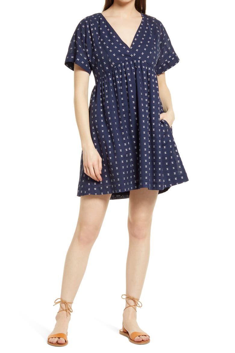 V-Neck Dolman-Sleeve Minidress, Main, color, BLUE/ WHITE DOBBY