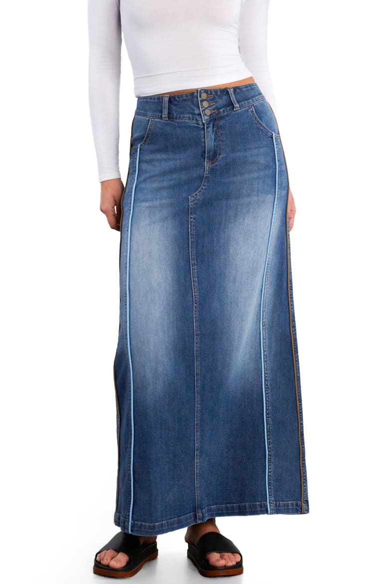 Side Piping Denim Maxi Skirt, Alternate, color, SHINE BLUE