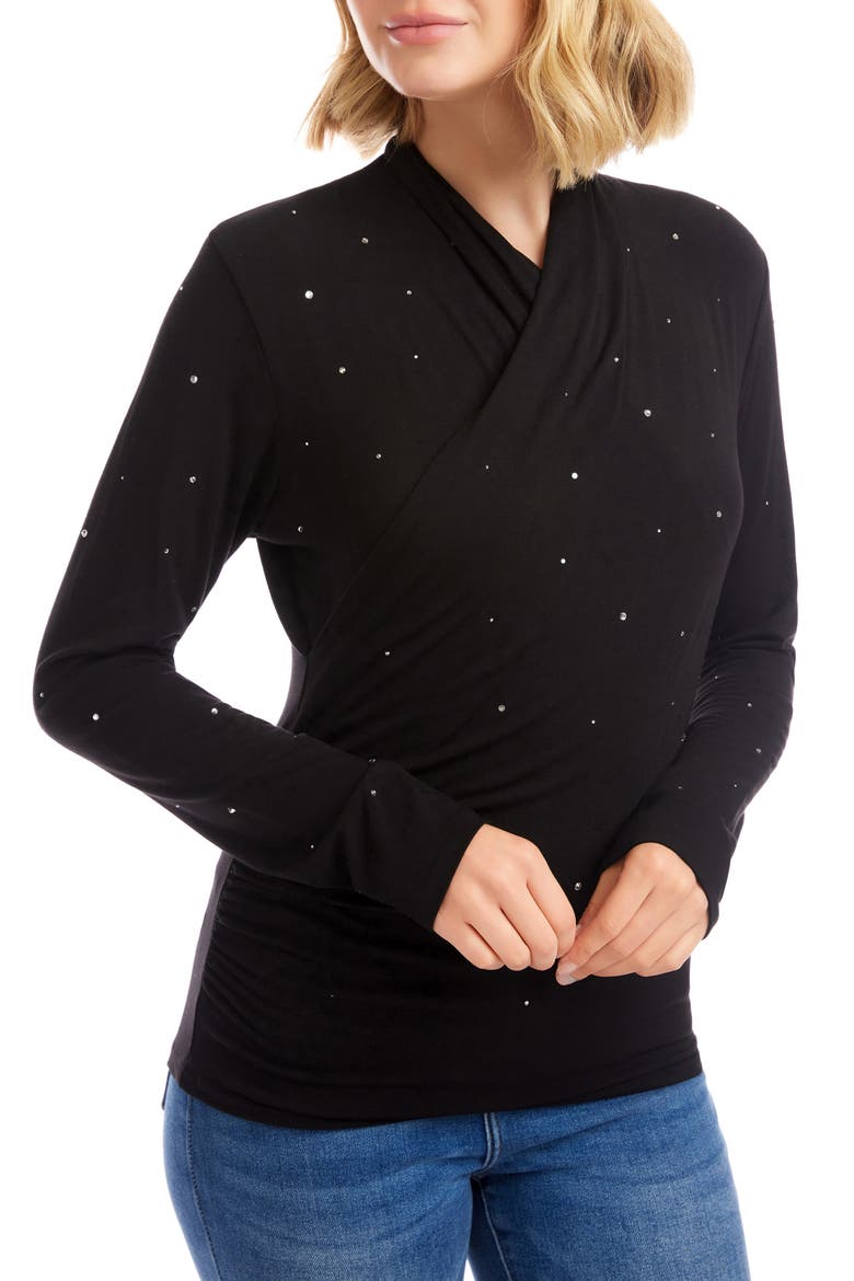 Rhinestone Drape Front Faux Wrap Top, Alternate, color, BLACK