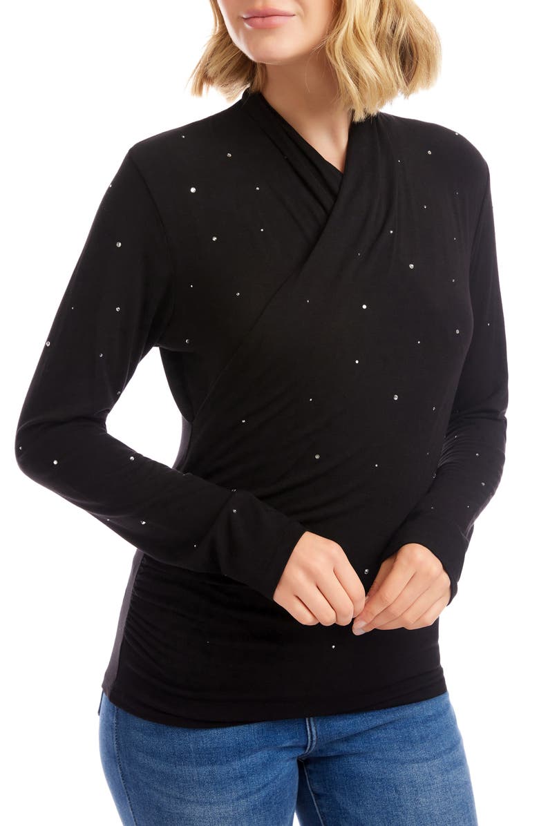 Karen Kane Rhinestone Drape Front Faux Wrap Top, Alternate, color, Black