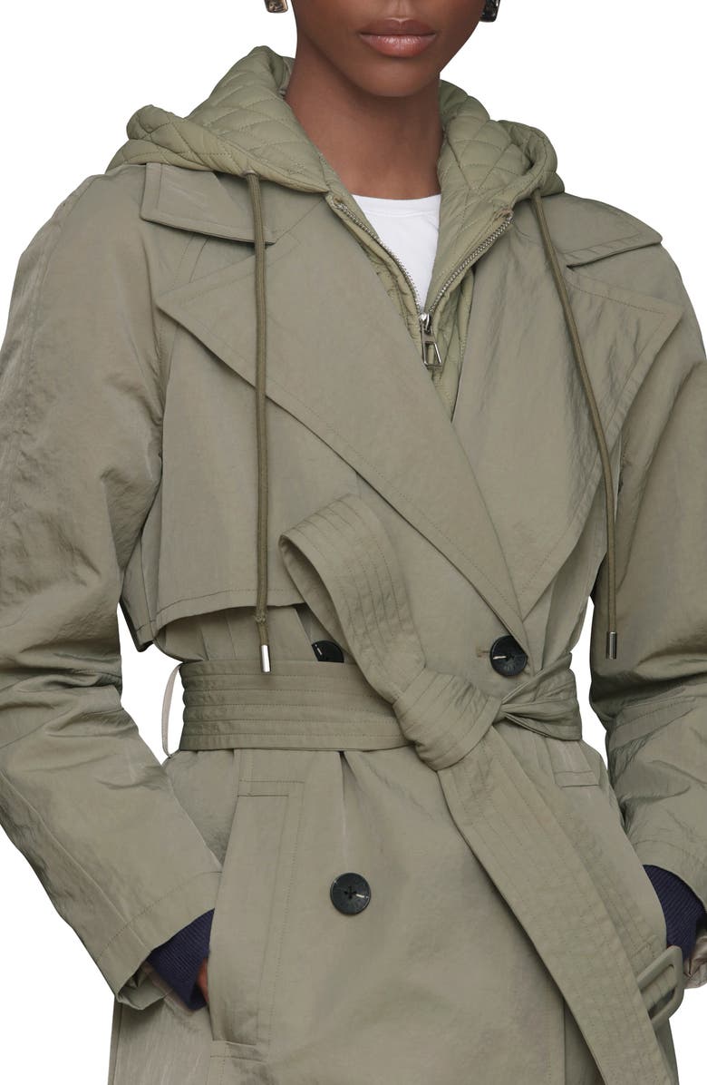 Avec Les Filles Double Breasted Trench with Hooded Quilted Bib, Alternate, color, Sage
