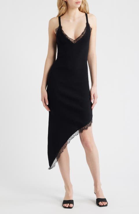 Asymmetric Lace Trim Rib Sweater Dress