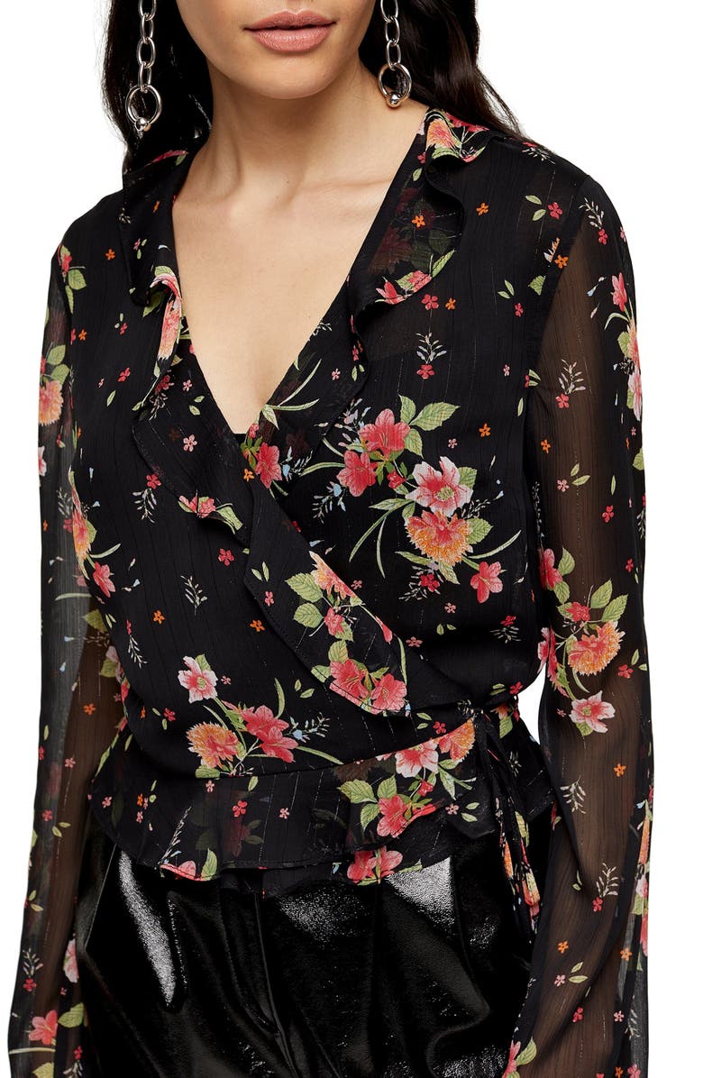 Topshop Floral Print Sheer Wrap Blouse, Alternate, color,
