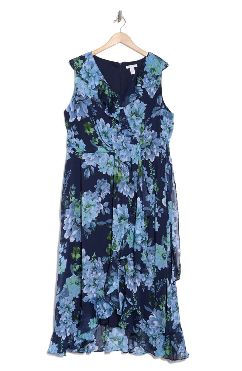 London Times Chiffon Ruffle Dress, Alternate, color, Navy Blue