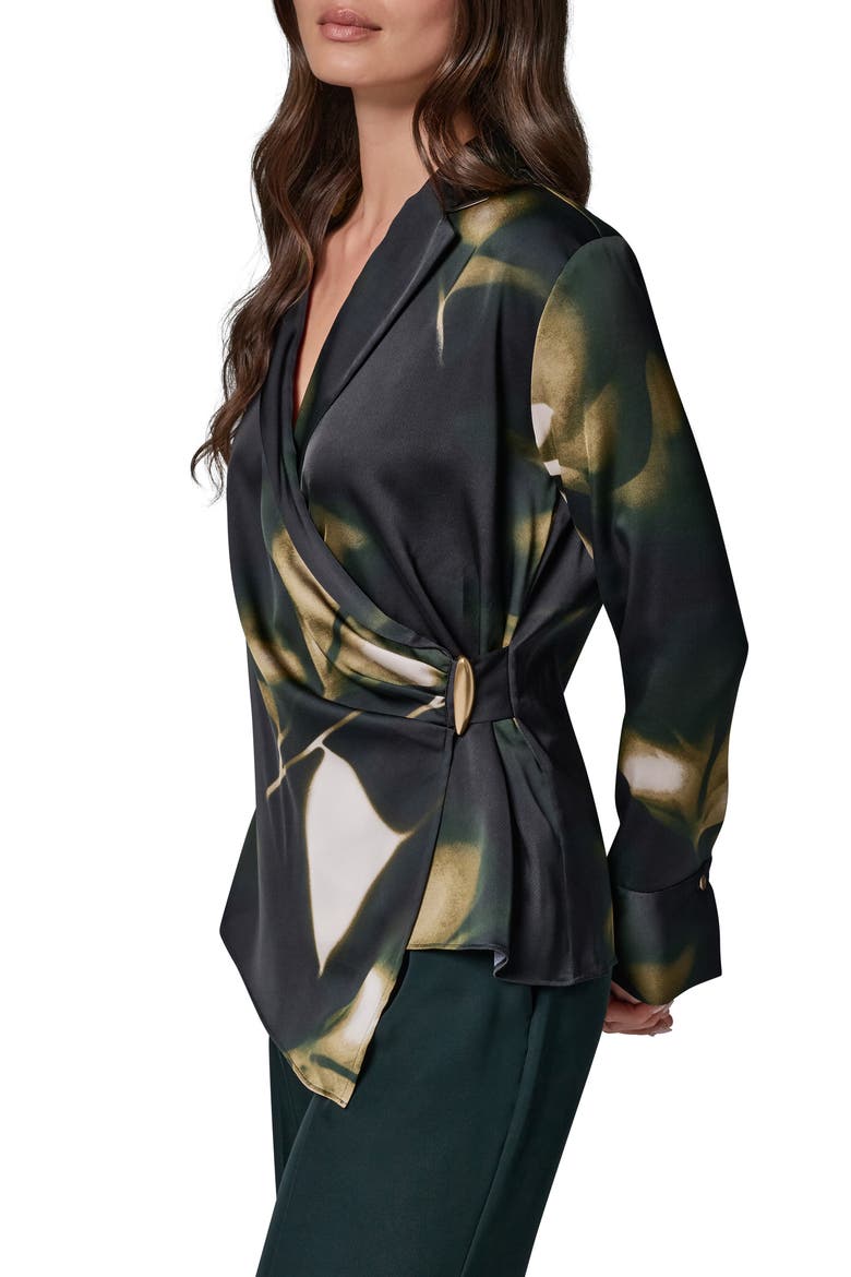 Notched Collar Satin Wrap Blouse, Alternate, color, OLIV BRINE