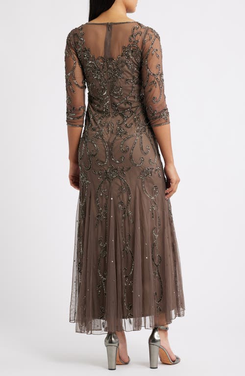 Pisarro Nights Beaded Illusion Neck Gown In Brown