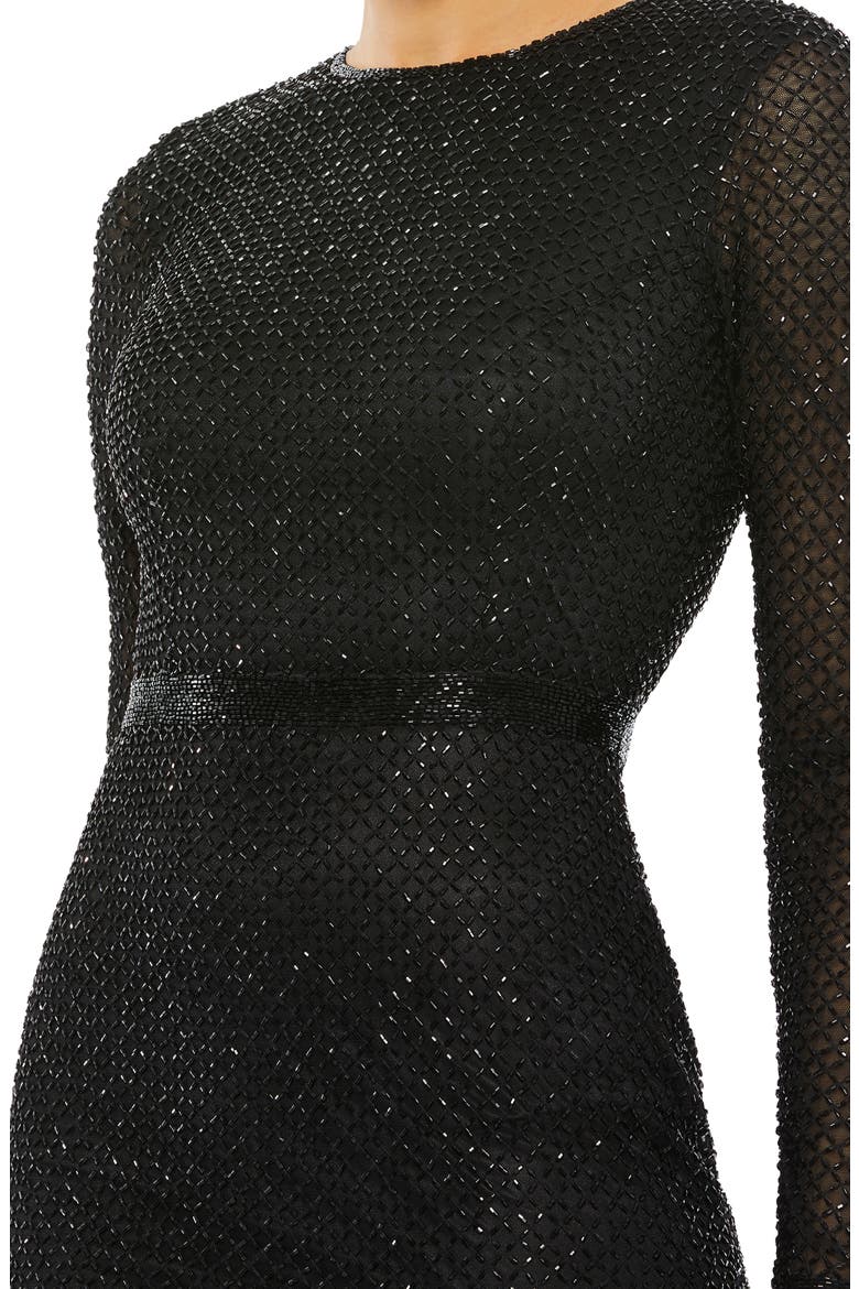 Bugle Bead Long Sleeve Sheath Gown, Alternate, color, BLACK