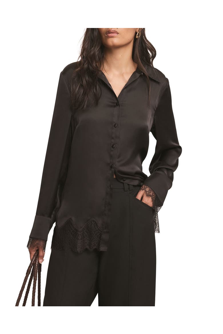 Satin Lace Trim Shirt, Main, color, Black