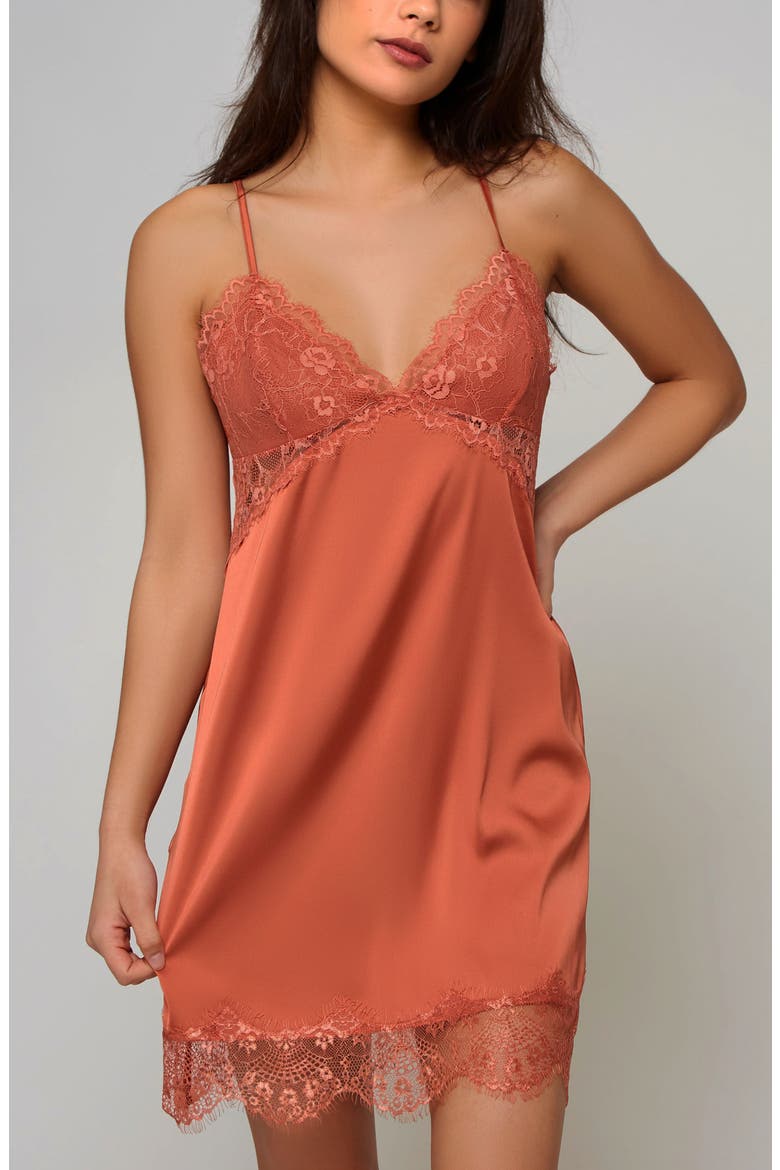 Lace Overlay Satin Slip Chemise, Main, color, Copper