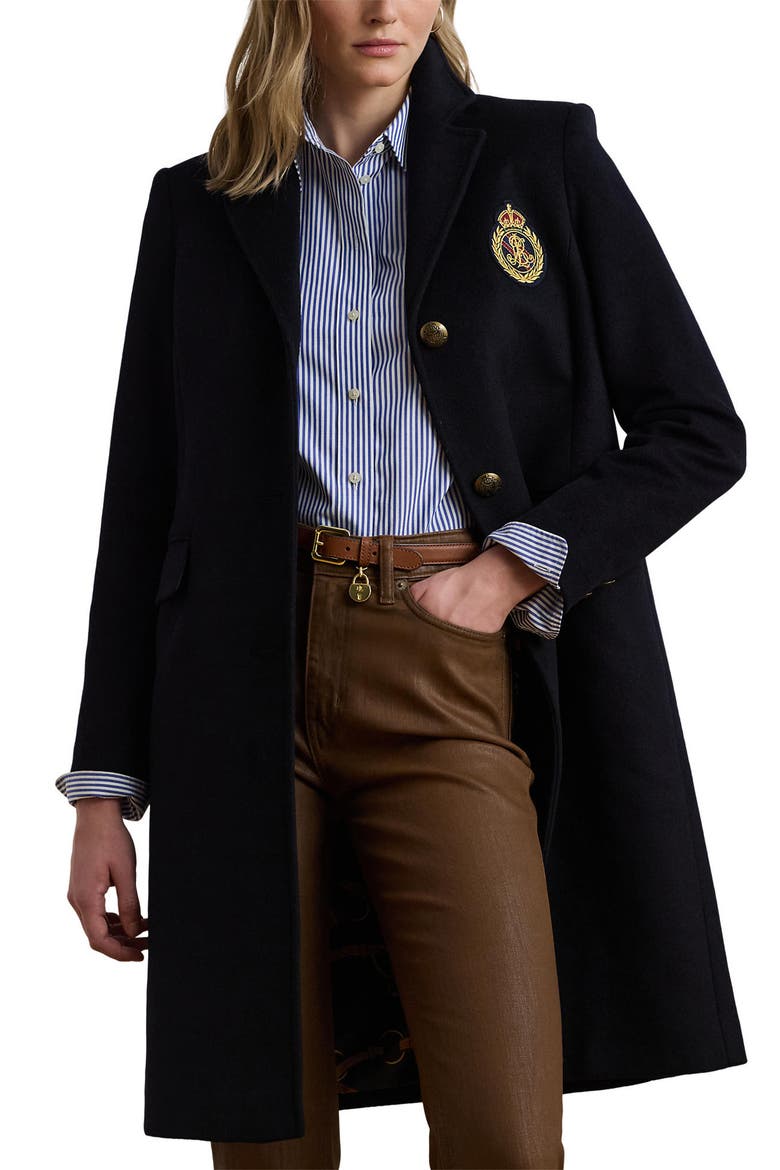 Crest Patch Wool Blend Reefer Coat, Alternate, color, REGAL NAVY