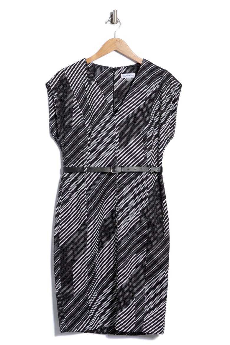 Belted Cap Sleeve Midi Dress, Main, color, BLK CREAM