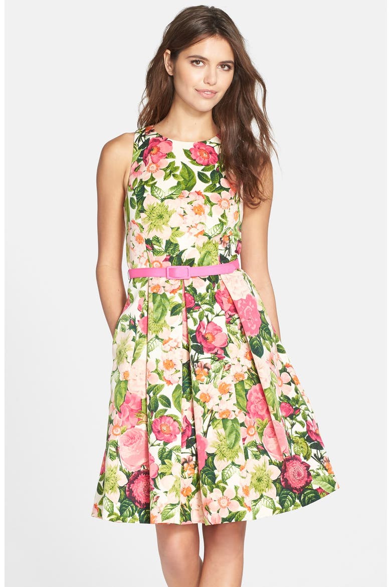 Belted Print Faille Fit & Flare Dress, Main, color, PRINT